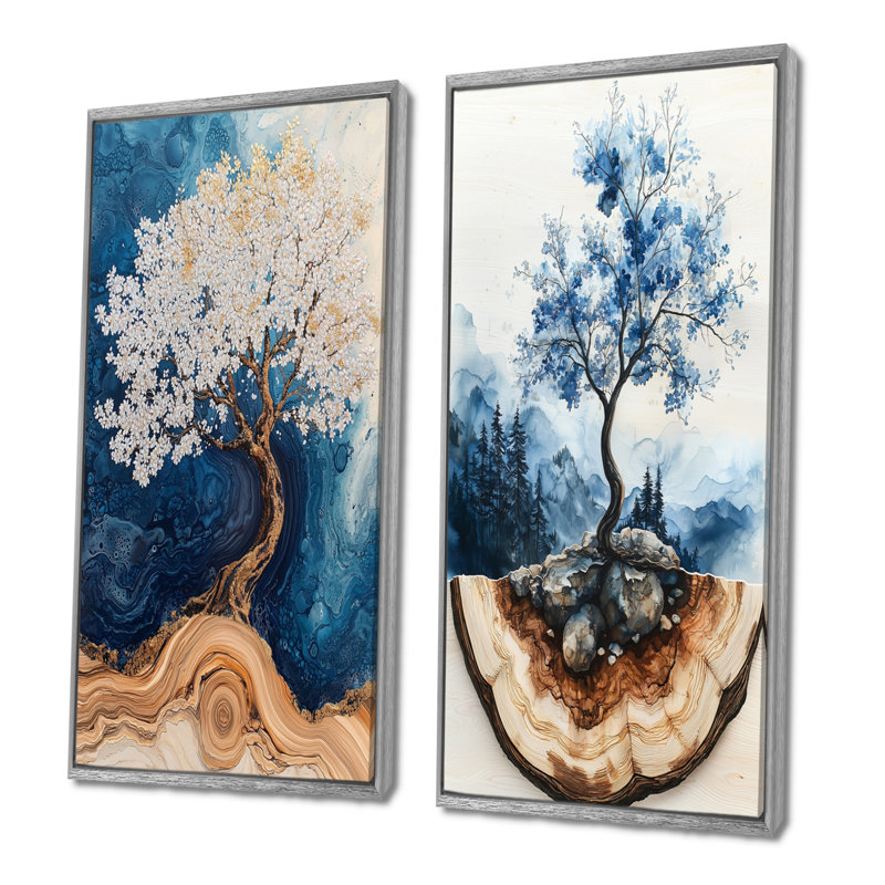 Fleur de cerisier doré jardin d'hiver 3 - Art mural floral 2 panneaux, H 32 po x l 33 po, Encadrement argenté