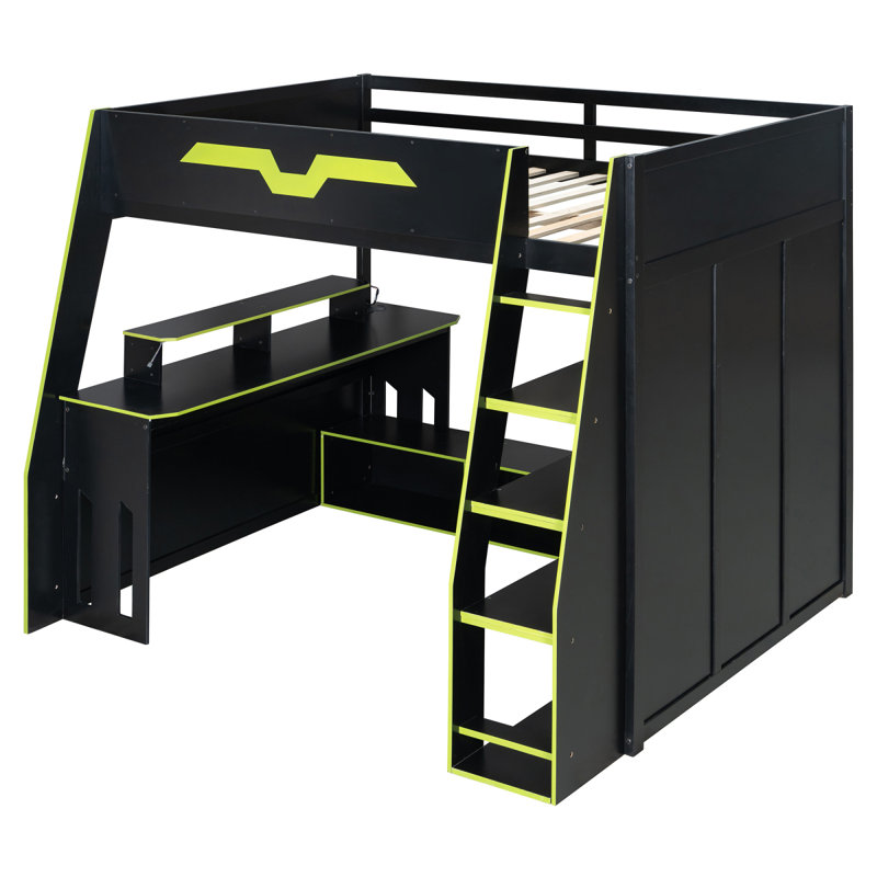 Lit mezzanine double en bois avec bureau, tablettes multiples et lumière RVB, table à placement réglable, vert