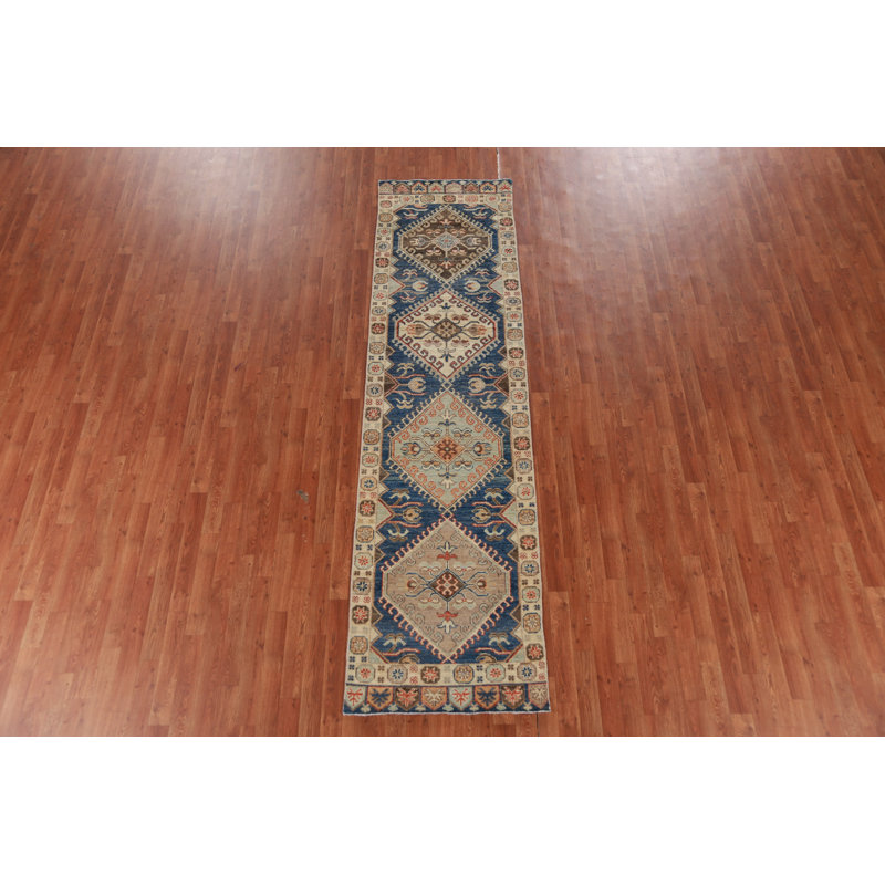 Blue Geometric Oushak Vegetable Dye Runner Rug