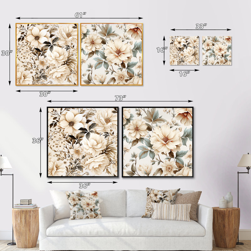 Thatcham - Floral Square Collage Set Of 2, Gold Floater Framed, 36" H x 73" W