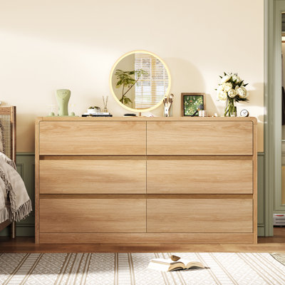 Commode 6 tiroirs pour chambre à coucher, commodes de 55 po de largeur et commode à profil courbé pour chambre à coucher, salon, naturel