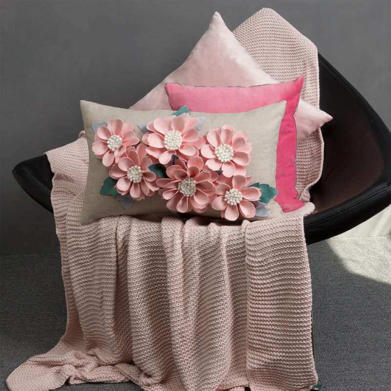Handmade 3D Flower Accent Throw Pillow Cover Floral Decorative Pillow Case