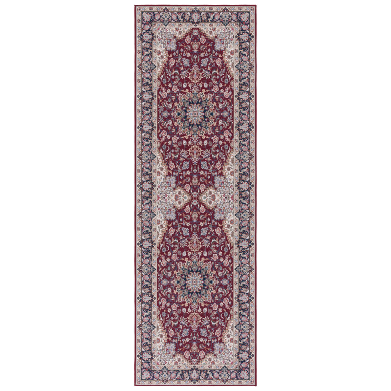 Tucson Vintage Look Machine Washable Non-Slip Area Rug in Maroon, Runner 76 x 244 cm