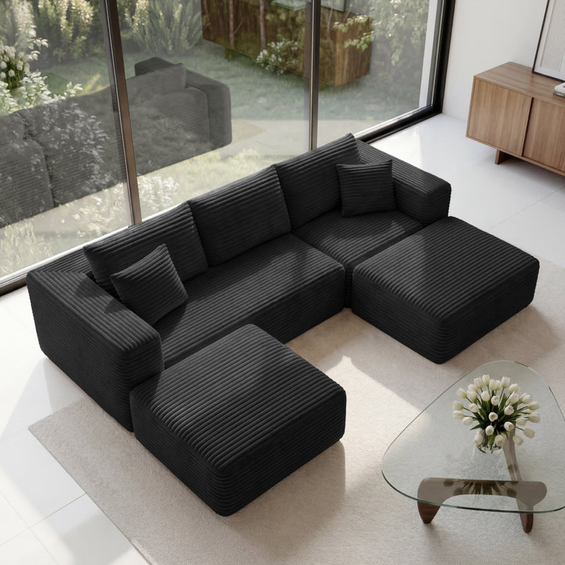 U-Shaped Modular Sectional Sofa, 3-5 Seater Cozy Washable Corduroy Couch, Black Corduroy