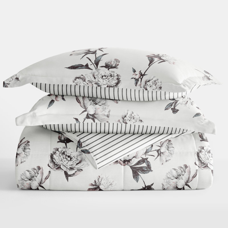 King Gray Floral Down Alternative Reversible Comforter Set