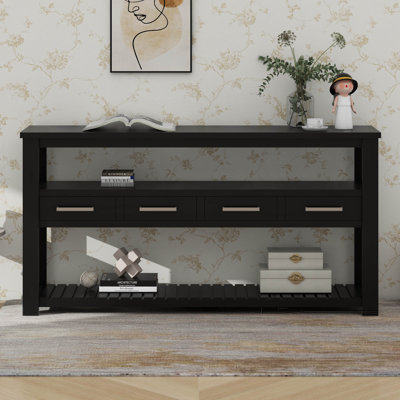 Entryway Console Table 62.2 Inch Large Painted Sofa Table With 4 Drawers, 3-Tier Open Shelves, Metal Handles, Adjustable Feet