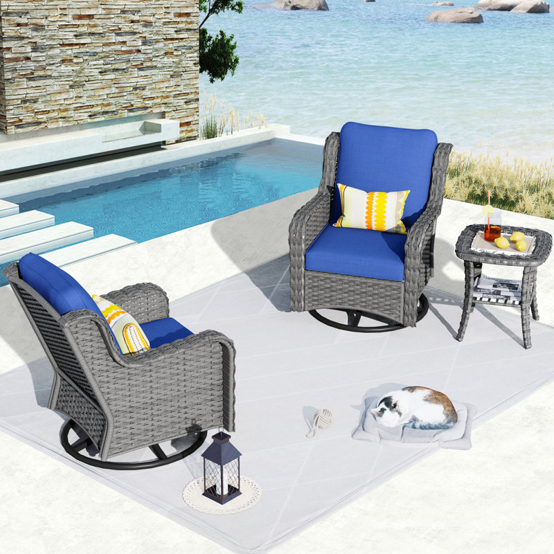 Ensemble de conversation en rotin avec coussins 3 pièces Stemple, Bleu marine, gris