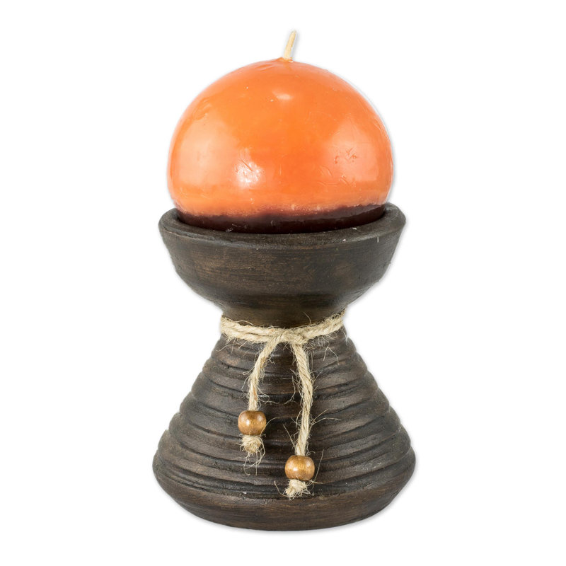Porte-bougie en céramique orange avec bougie Red Barrel Studio®