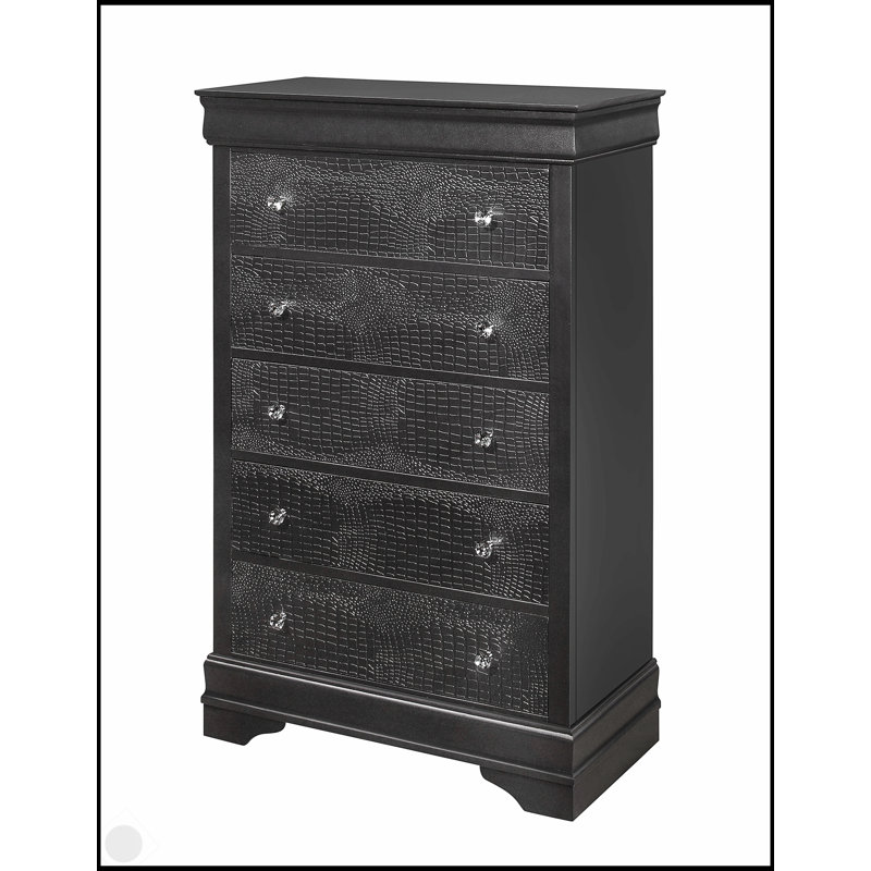 Élégant coffre métallique gris crocodile Shaker avec quincaillerie ornée de cristal et tiroirs spacieux pour un rangement élégant