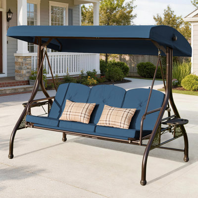 Upgraded 3-Person Convertible Outdoor Porch Swing with Canopy, 180° Adjustable Backrest, Cushions, Pillows, and Cup Holders(Round Tube,Blue)