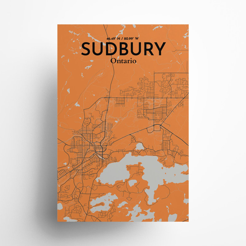 Sudbury City Map, impression, H 36 po x l 24 po, Orange / gris