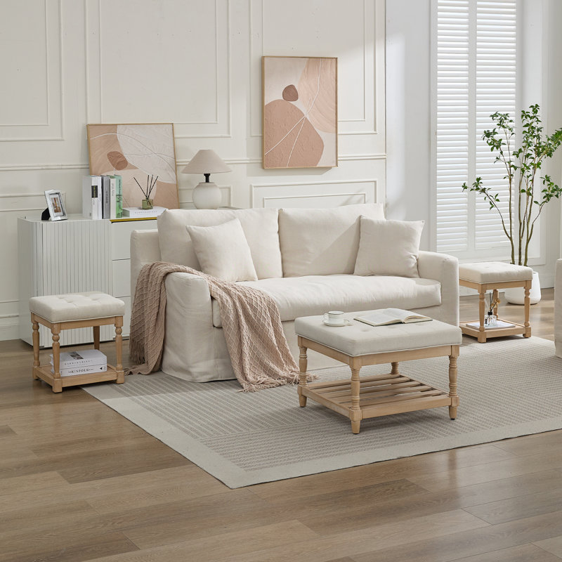 Gladis Linen Fabric Coffee Table and End Table Set with Storage (Set of 3), Beige Top/Light Brown Base