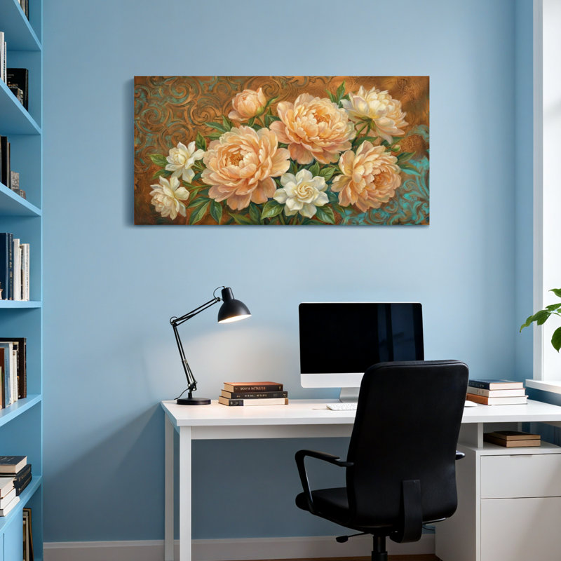 Plantes et fleurs pivoines sur fond fleuri, H 16 po x l 32 po