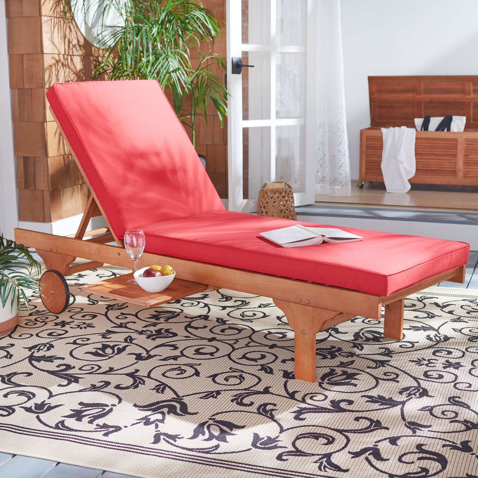 27.6'' Outdoor Eucalyptus Chaise Lounge, Natural, Red
