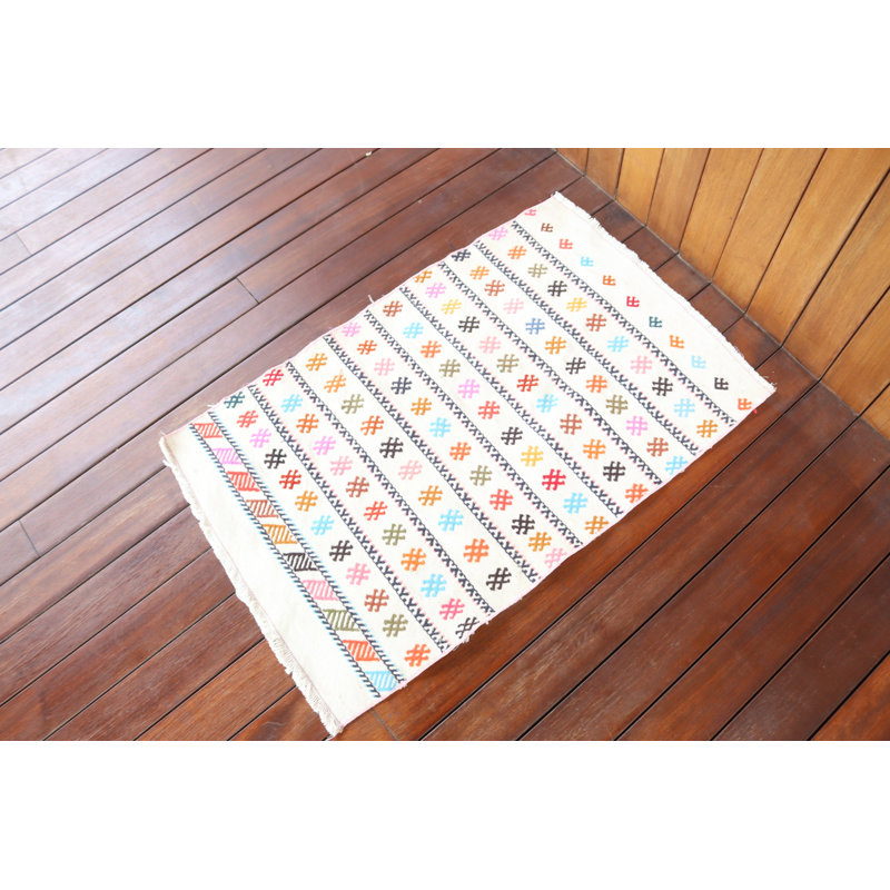 Vintage Turkish Kilim Striped Wool Floor Mat in Colorful Traditional Pattern for Small Spaces and Boho Decor