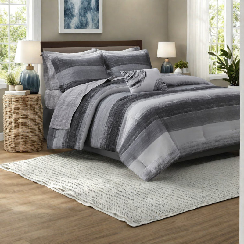 Ensemble de literie 9 pièces luxueux, édredon en microfibre avec draps en coton, design noir moderne pour la maison