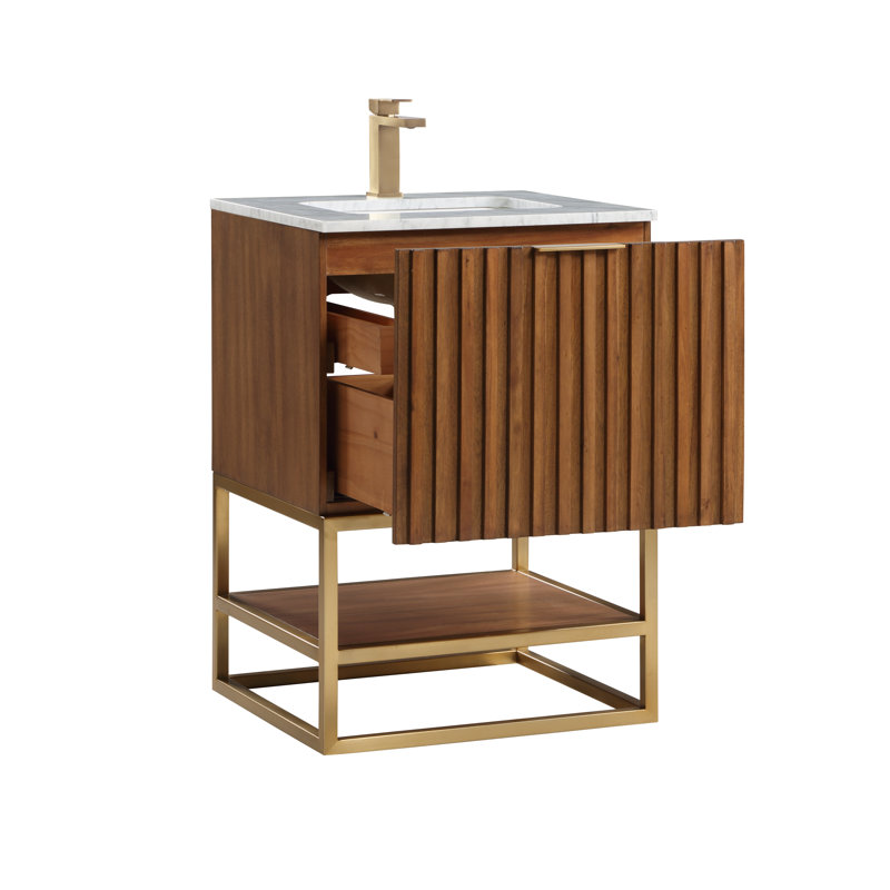 Terra 24'' Single Bathroom Vanity with Top, Carrara Marble/Single Faucet Mount, Satin Brass