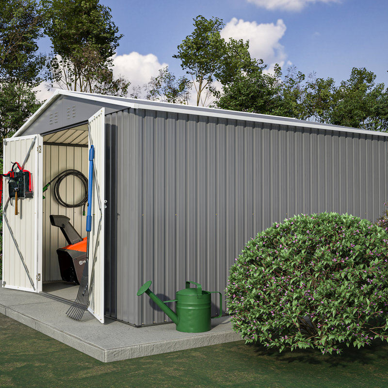 Grande remise extérieure en métal gris 10 x 10 pi, portes verrouillables pour ranger les vélos et ventilation pour garder les articles au sec, chaises de travail faciles à assembler, fraîches, marches