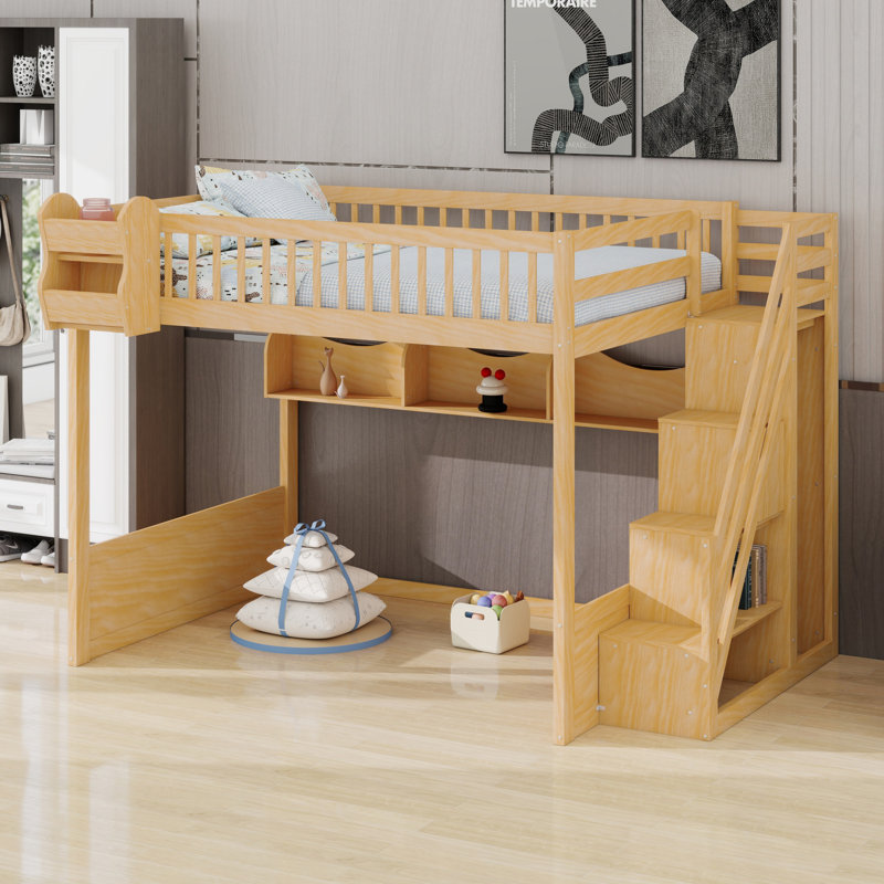 Wooden Loft Bed With Staircase And Wardrobe,Storage Shelves And Under-Bed Space, Natural