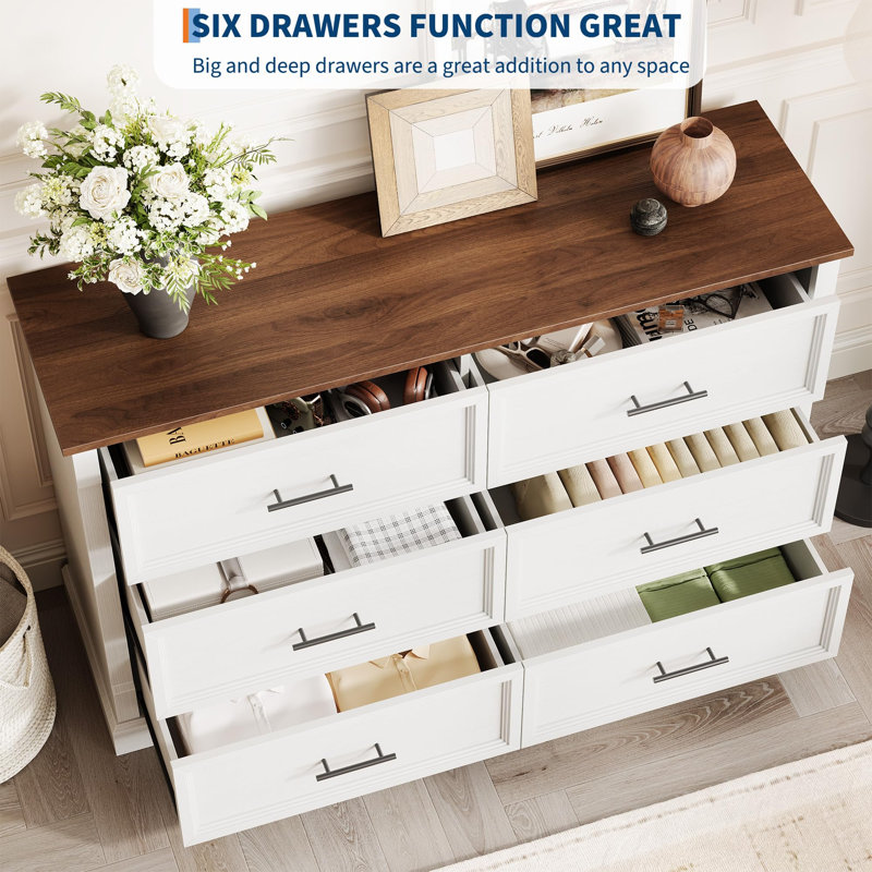 big white dresser SICOTAS Rattan 6-Drawer for Bedroom 51"Wide Chest of Drawers for Closet Large Storage Cabinet Farmhouse Boho Dresser TV Stand, Carbon Cherry or private items White Dressers + Chests |