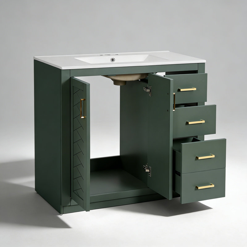 Ensemble de meuble-lavabo 36 po avec lavabo en céramique, armoire de rangement en bois massif, ensemble de meuble-lavabo autoportant avec 3 tiroirs et portes à fermeture douce