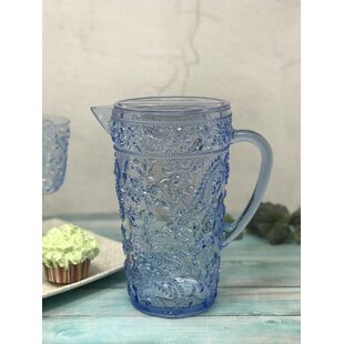 Mint Vintage Embossed Fruit Refrigerator Glass Juice Carafe Pitcher w/ blue  lid