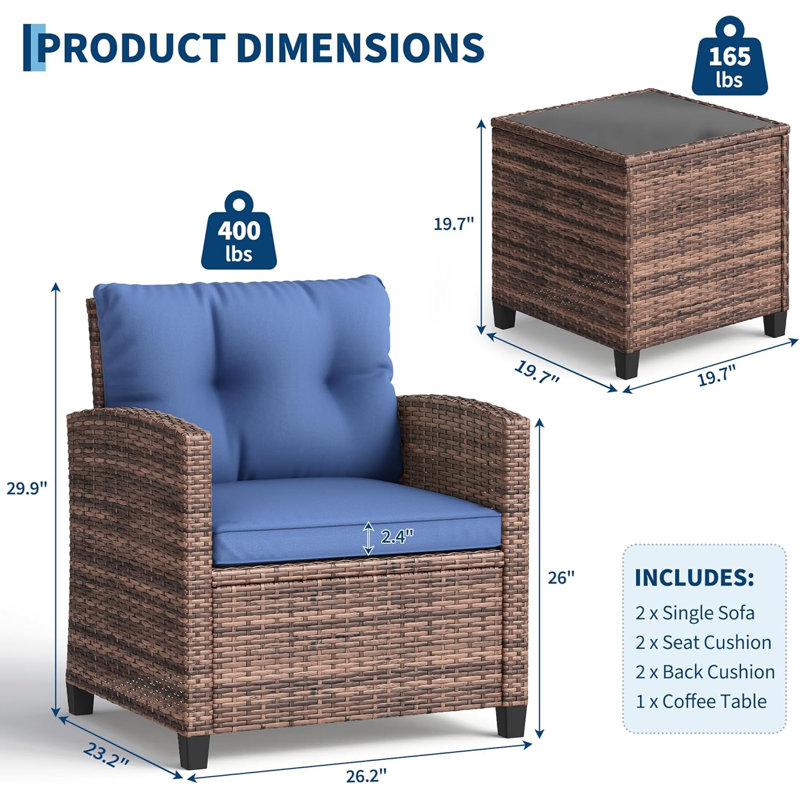 3-Piece Outdoor Patio Furniture Set, PE Rattan Wicker Frame with Tempered Glass Side Table, Conversation Chairs with Removable Cushions, Balcony Porch Garden Seating