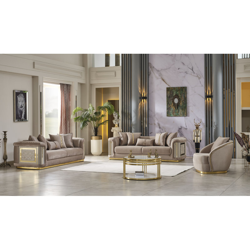 Ensemble de salon en velours 3 pièces Eudes, 2 pieces: 1 sofa, 1 chair, Velours crème