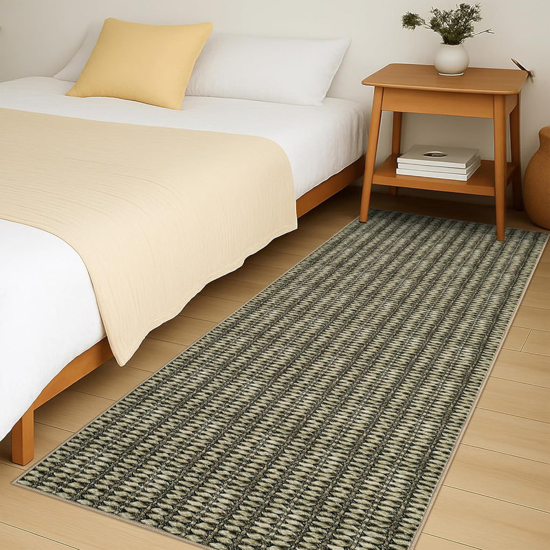 2x6 Washable Modern Textured Stripe Rug Thin Non-Slip Low Pile Stain-Resistant Reinforced Edges Foldable Entryway Beige