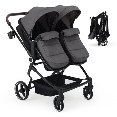 Lightweight Double Stroller for Twins – Compact Fold, High Landscape Seat, Adjustable Canopy & Recline, 5-Point Harness, Reversible Seating, Parent Cup Holder – Infant & Toddler Pram – Dark Gray