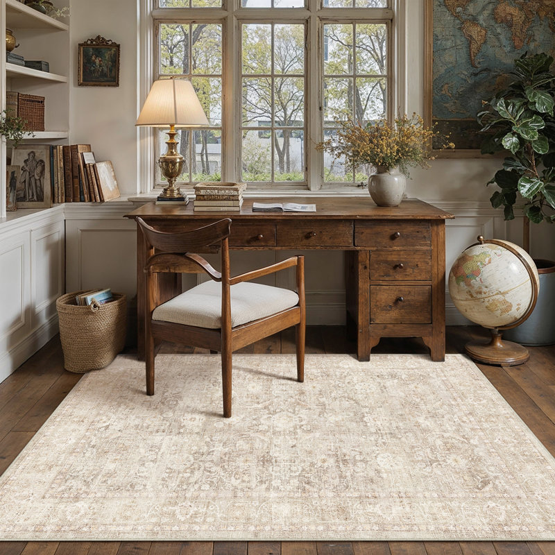 Bremerton Vintage Washable Beige Area Rug With Non-Slip Backing, Rectangle 5' x 7', Beige
