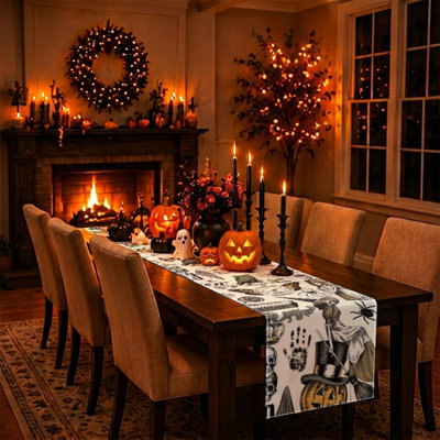 Chemin de table d'Halloween, chemin de table rétro, décorations d'Halloween rétro | Nappe Spooky, crâne gothique, jour des morts