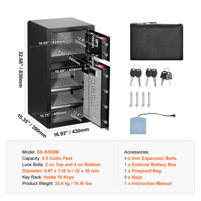 Double Doors 5.5 cu.ft Safe Box with Key Lock & Password, 2 Height Adjustable and Removable Divider and 1 Cabinet for Money, Safe Lock Box with Fireproof Bag, Key Rack, LED Light, Documents, Black