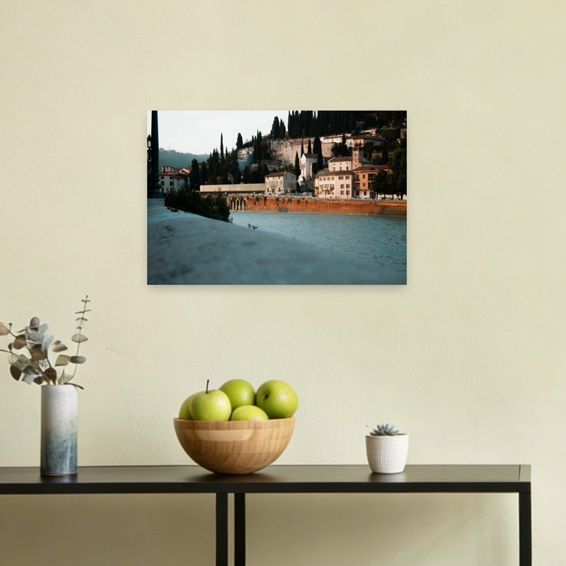 Verona Riverside Evening Serene Tranquil Abstract Cypress Architecture City Wall Art Print, 30.48cm H x 45.72cm W