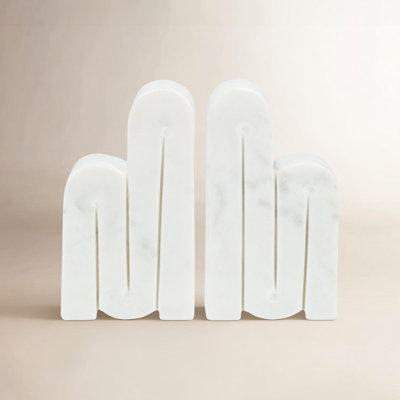 Set of 2 Marble Bookends Contemporary Abstract White Swirl Design Bookend Set Book Organization Home