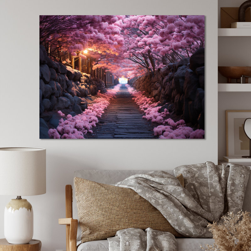 " Pink Tranquil Flowers Twilight " Mixed Media and Color Photography Print, 30" H x 40" W x 1.5" D, Wrapped Canvas