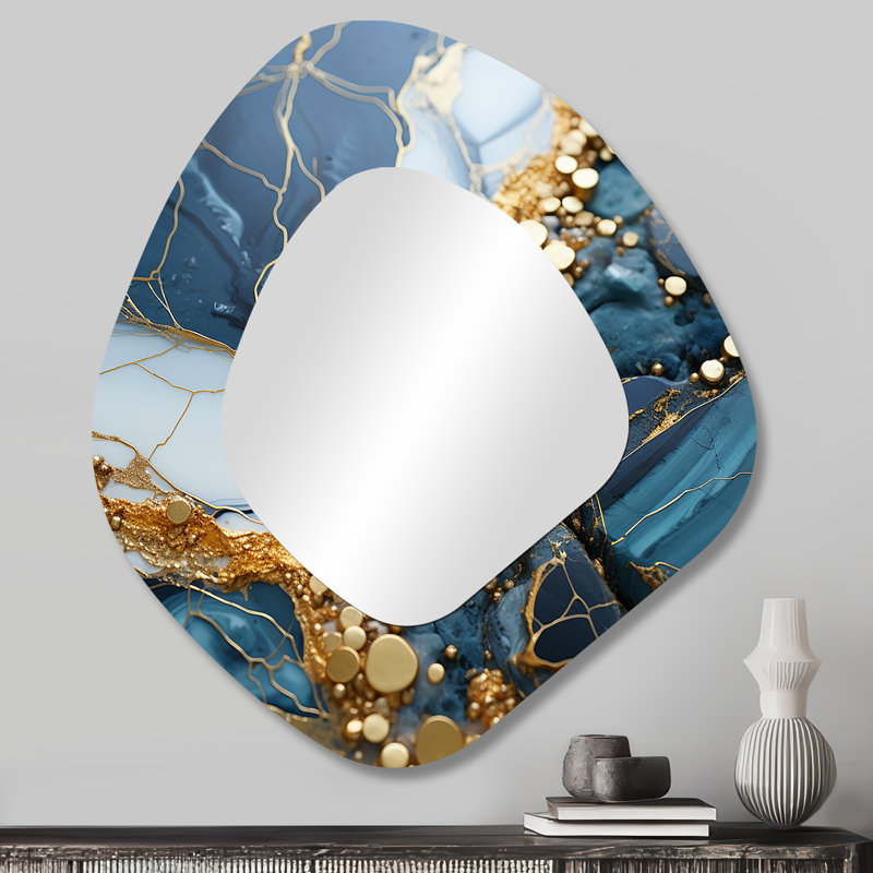 Art de Wayode or et bleu géode VI - miroir mural asymétrique à encre liquide, miroir de forme irrégulière moderne, art imprimé en métal