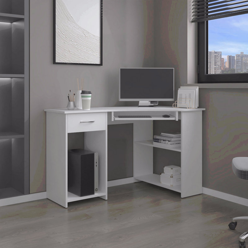 Corner Desk, White Space-Saving L-Shaped Design with Two Side Shelves, White