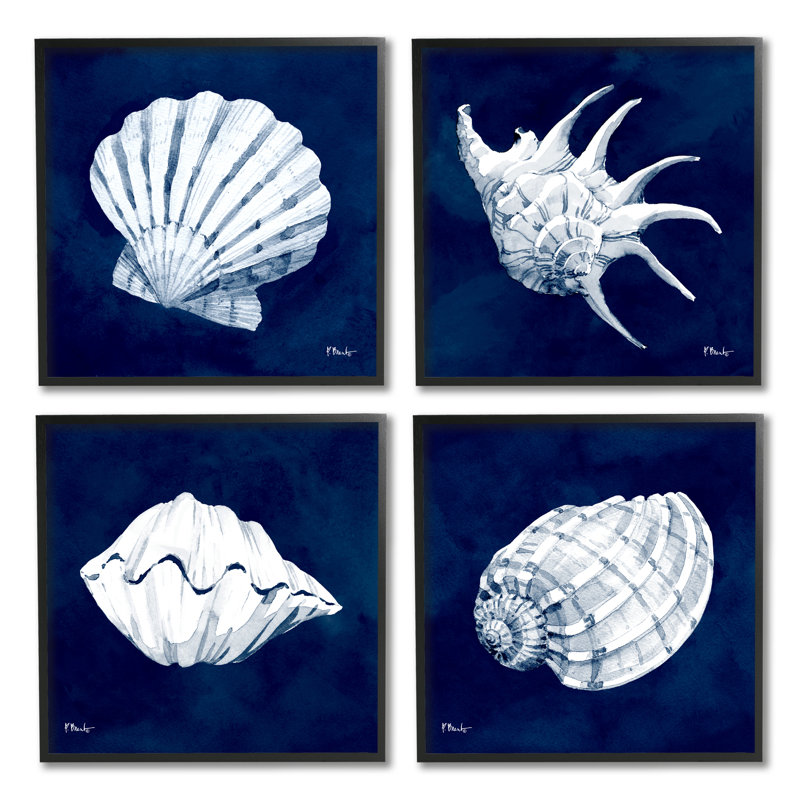 «Traditional Cyanorph Shells» par Paul Brent - ensemble de 4 impressions sur bois, Giclée encadrée noir minuit