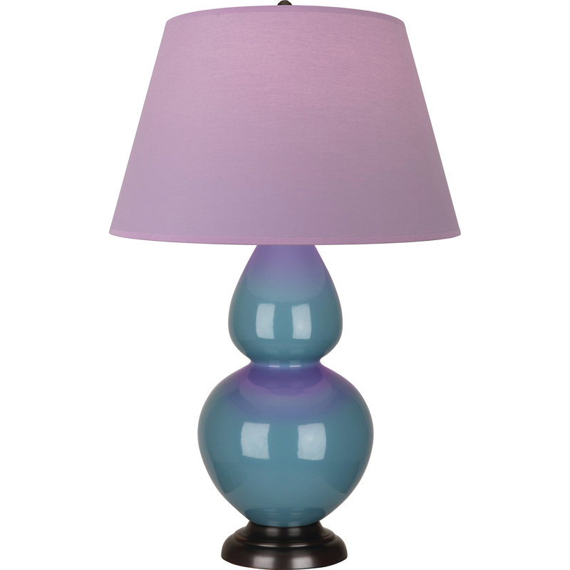 Lampe de table double gourde en céramique, Bleu acier émaillé / bronze, Lavande / prune, Bronze