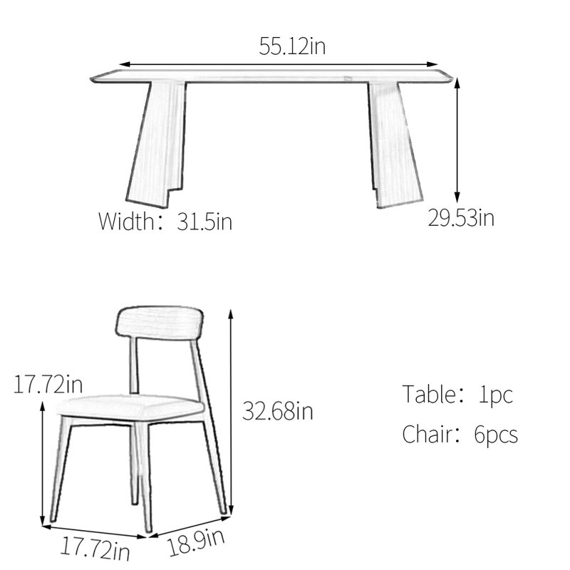 Ensemble de table de salle à manger en chêne fritté unique, H 29,53 po x L 55,12 po x l 31,5 po