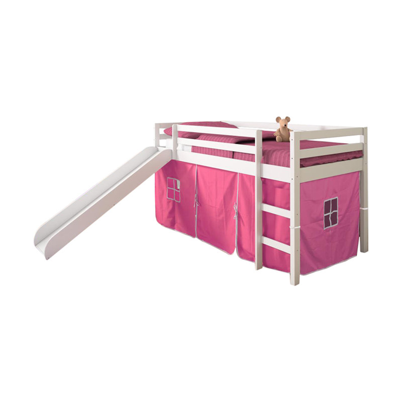 Lit simple mezzanine simple avec glissoire Tent, Espresso clair / rouge, Blanc/rose