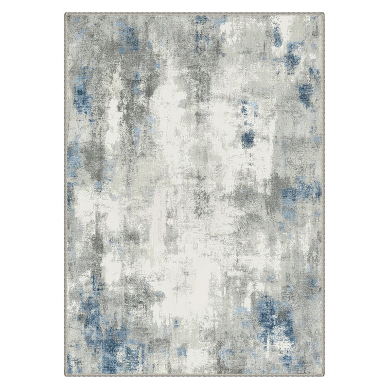 Mignone Pavelina Abstract Machine Washable Grey/Ivory/Blue Indoor Area Rug With Non-Slip Backing, Rectangle 9' x 12'