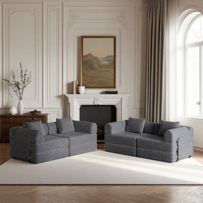 2Pcs Compression 72.4"Chenille Fabric Sofa,Folding Sofa Bed,Convertible 3 Seater Sofa With 1 Seater Sofa,Gray