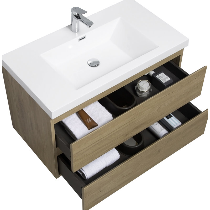 Meuble-lavabo flottant avec lavabo, armoire de rangement murale, plateau à surface solide, tiroirs à fermeture en douceur pour une utilisation organisée dans la salle de bain