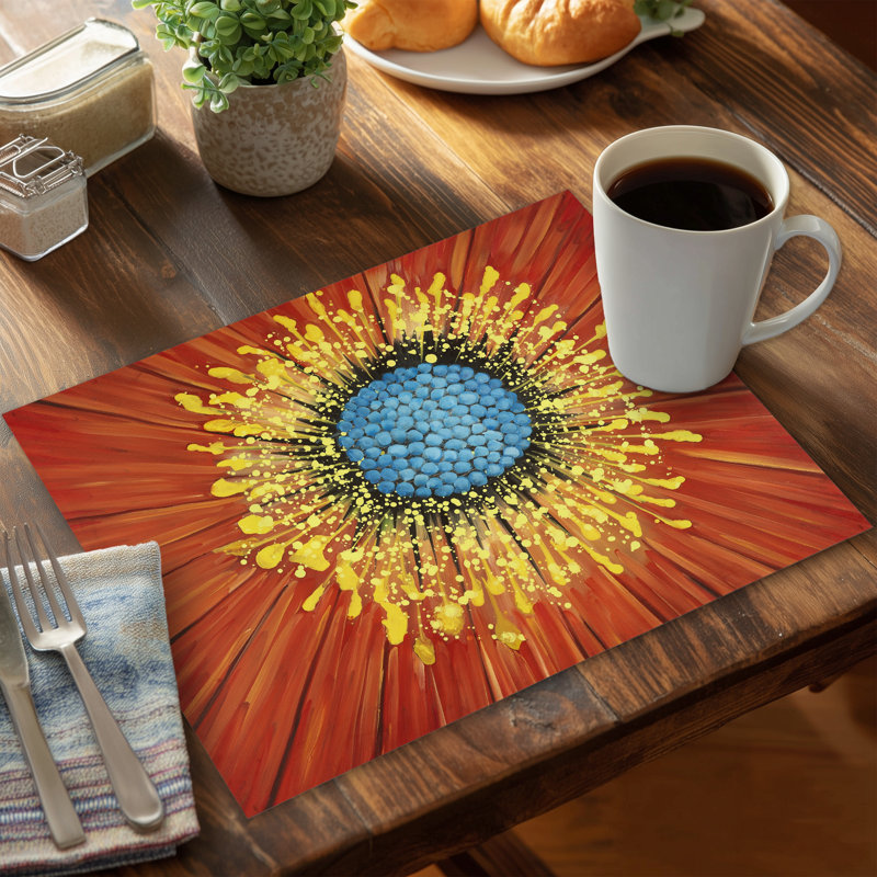 Blue Floral Polyester Placemat - Closeup on a Red Flower Decor
