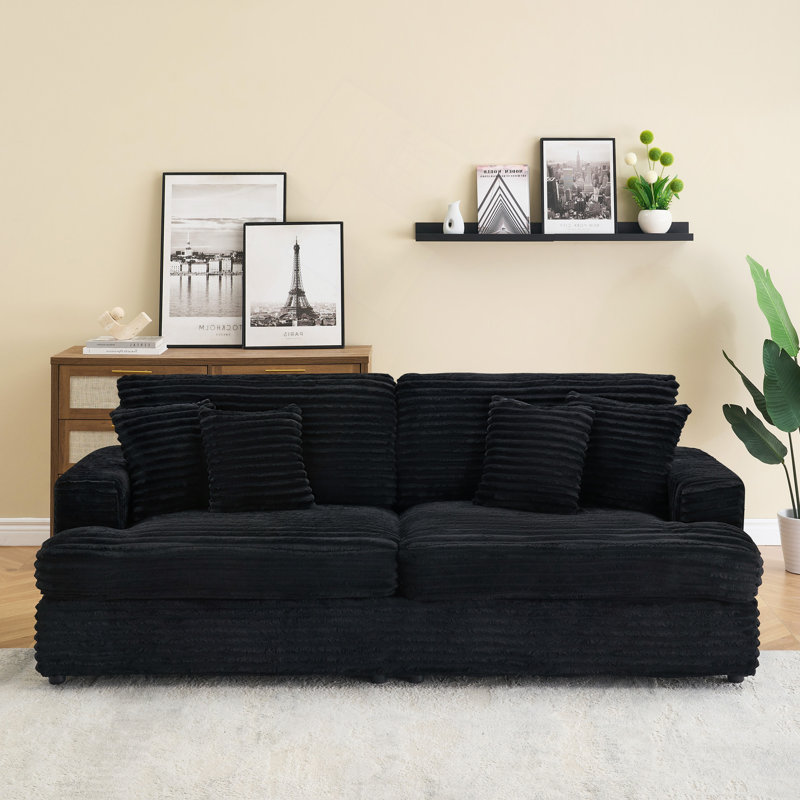 Long canapé en velours côtelé avec 4 coussins assortis, spacieux et confortable à 3 places pour les salons modernes, Noir