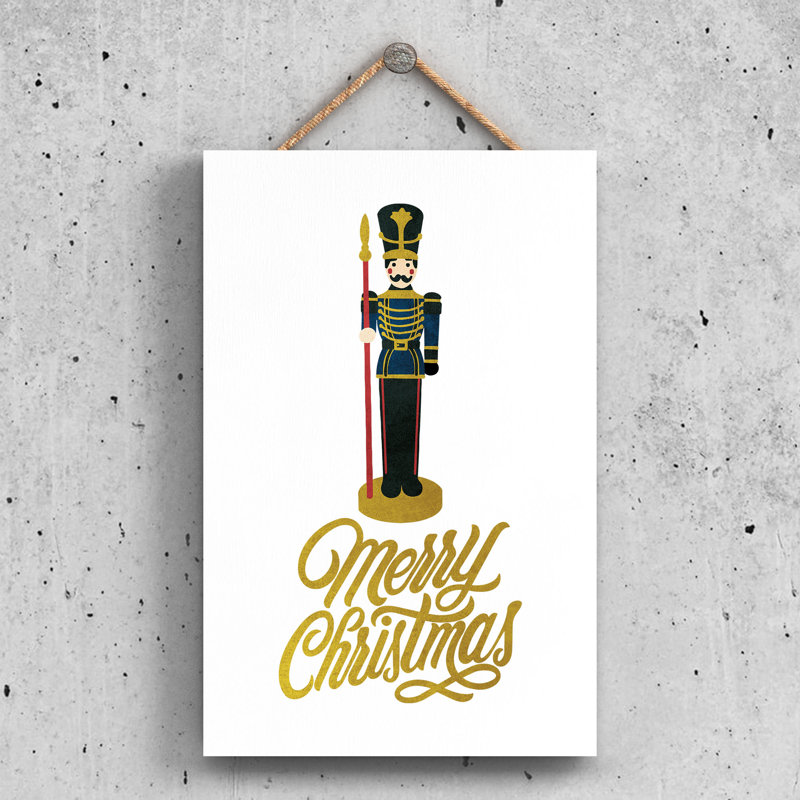 Xmas Merry Christmas Nutcracker Wooden Plaque, 28.5cm H x 18.5cm W x 0.9cm D, White/Yellow