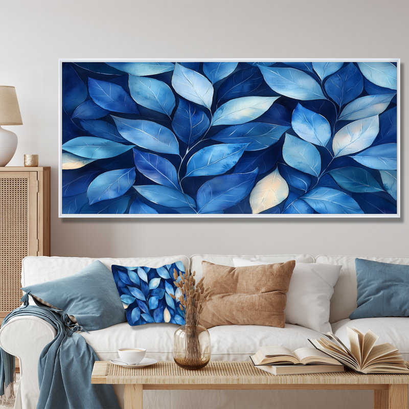 Indigo feuilles feuillage collage IV - feuilles, art mural, H 28 po x l 60 po, Impression encadrée flottante, Blanc