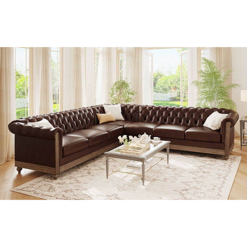 Grand canapé modulaire confortable avec pieds en bois Mirod, Cuir brun foncé